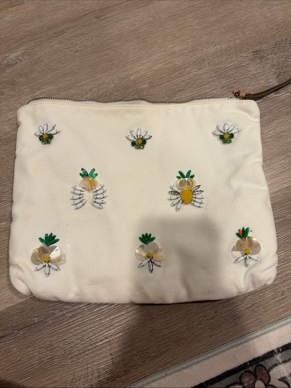 Embroidered Floral Ivory Cosmetic Pouch